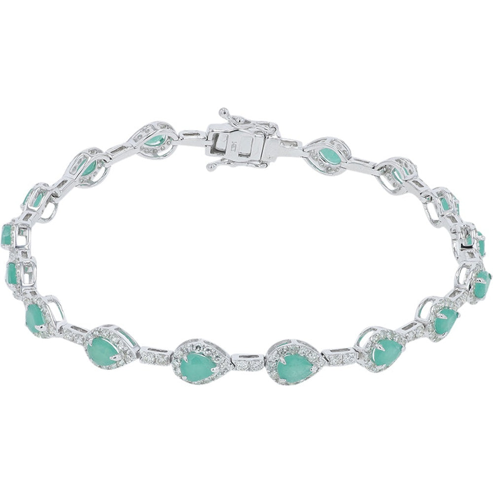 14K White Gold 7-Inch Halo Bracelet with Pear-Shaped Emeralds and 1.50 Carat Diamond Accents - 2.50 Carat Total Emerald Weight