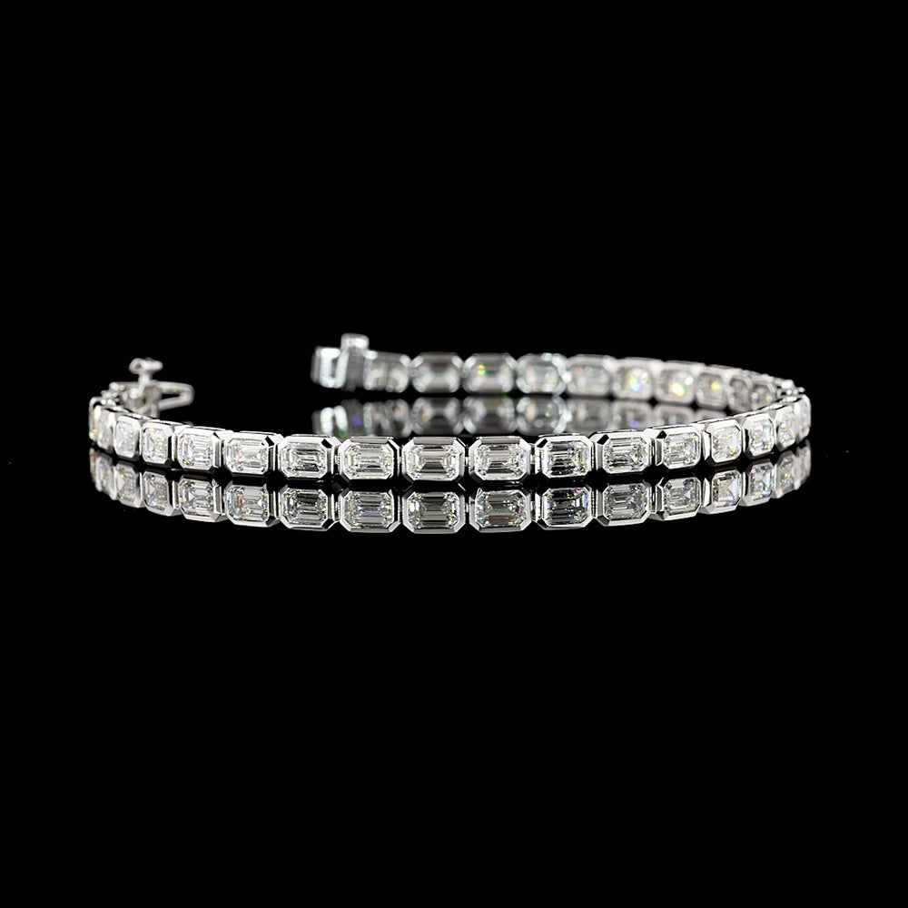14K White Gold 7-Inch Tennis Bracelet with East-West Bezel Set Emerald Cut Lab Diamonds - 6.33 Carat Total Weight - Covaloro Fine Jewelry