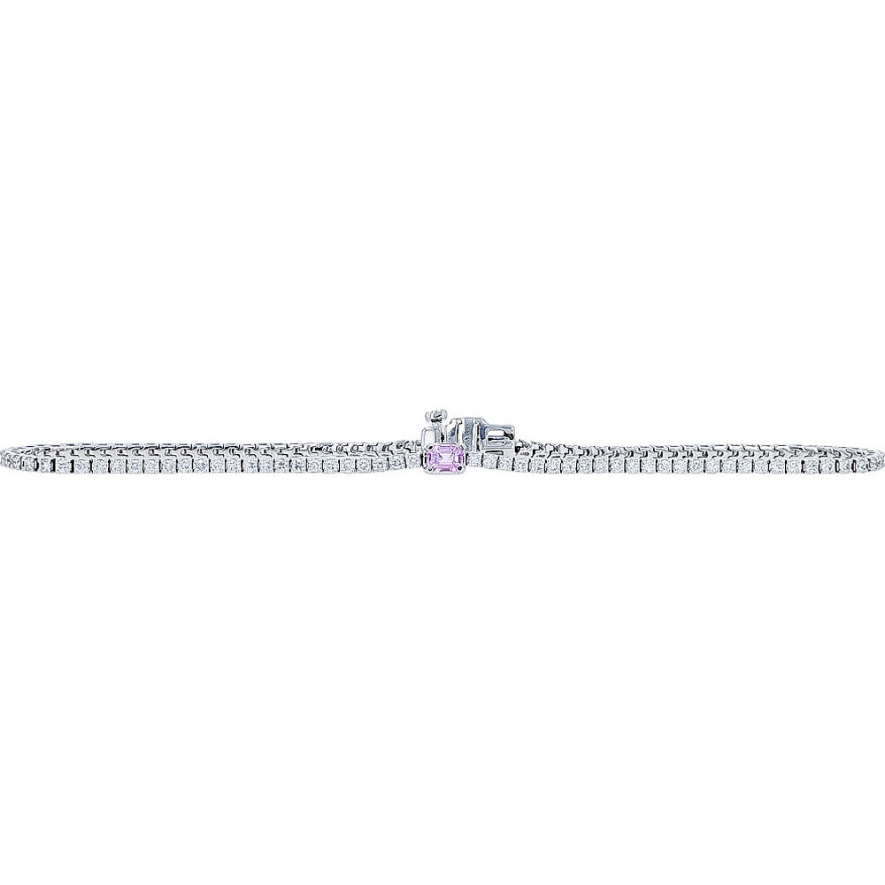14K White Gold 7-Inch Tennis Bracelet with Prong-Set Lab Grown Diamonds and Square Pink Sapphire - 0.87 Carat Total Diamond Weight & 0.25 Carat Sapphire