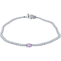 14K White Gold 7-Inch Tennis Bracelet with Prong-Set Lab Grown Diamonds and Square Pink Sapphire - 0.87 Carat Total Diamond Weight & 0.25 Carat Sapphire