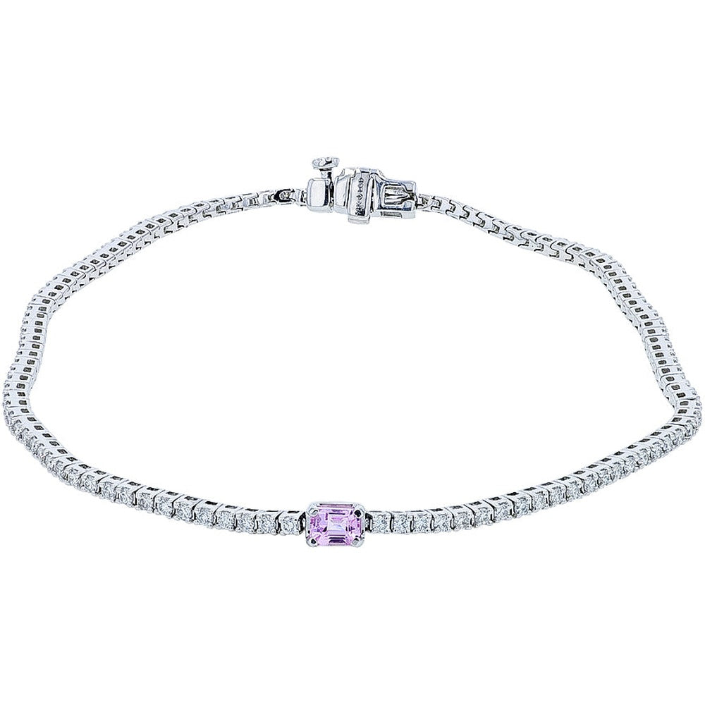 14K White Gold 7-Inch Tennis Bracelet with Prong-Set Lab Grown Diamonds and Square Pink Sapphire - 0.87 Carat Total Diamond Weight & 0.25 Carat Sapphire
