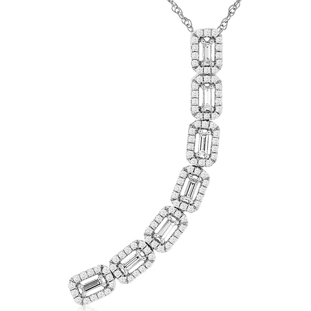 14K White Gold 7-Link Cascade Pendant with Baguette and Round Halo Diamonds - 0.46 Carat Total Diamond Weight - Royal Jewelry