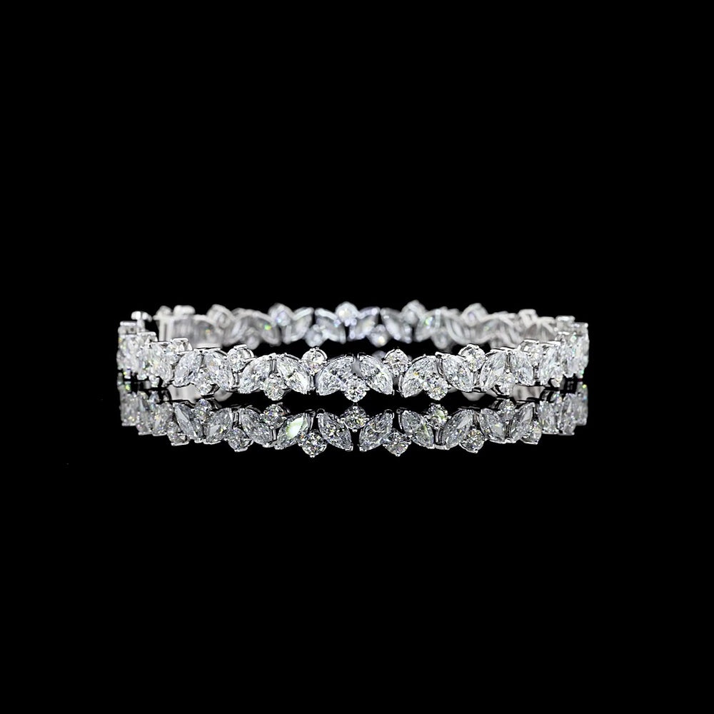 14K White Gold 7" Marquise Cut Lab Diamond Tennis Bracelet - Inclined Prong Setting with Round Brilliant Accents - 10.39 Carat Total Diamond Weight (E-F Color, VS Clarity) - Covaloro Fine Jewelry