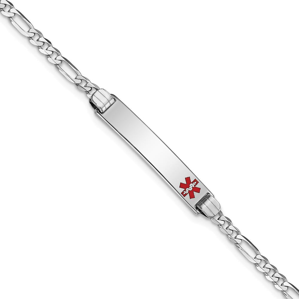 14K White Gold 7" Medical Alert Bracelet with Red Enamel Charm and Figaro Chain by Oro Pregiato