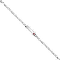 14K White Gold 7" Medical Alert Bracelet with Red Enamel Charm and Figaro Chain by Oro Pregiato