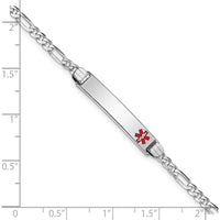 14K White Gold 7" Medical Alert Bracelet with Red Enamel Charm and Figaro Chain by Oro Pregiato