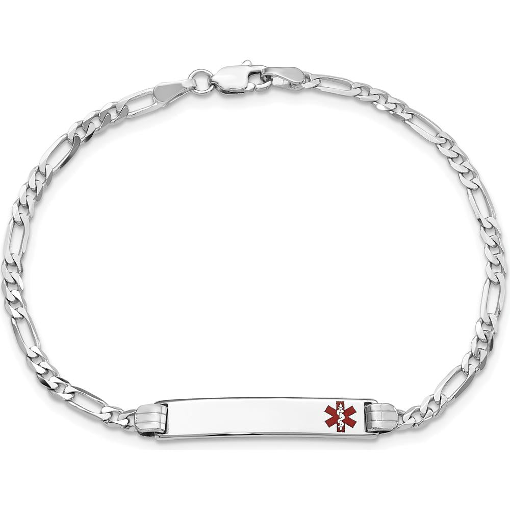14K White Gold 7" Medical Alert Bracelet with Red Enamel Charm and Figaro Chain by Oro Pregiato