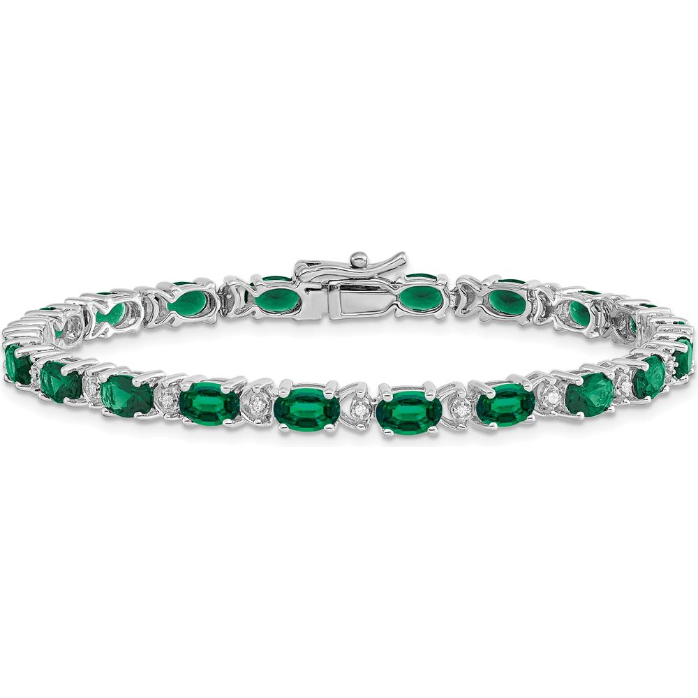 14K White Gold 7" Oval Lab Created Emerald and Diamond Tennis Bracelet - 0.54 Carats Total Emerald Weight, 0.10 Carats Total Diamond Weight by Monteluci Fine Jewelry
