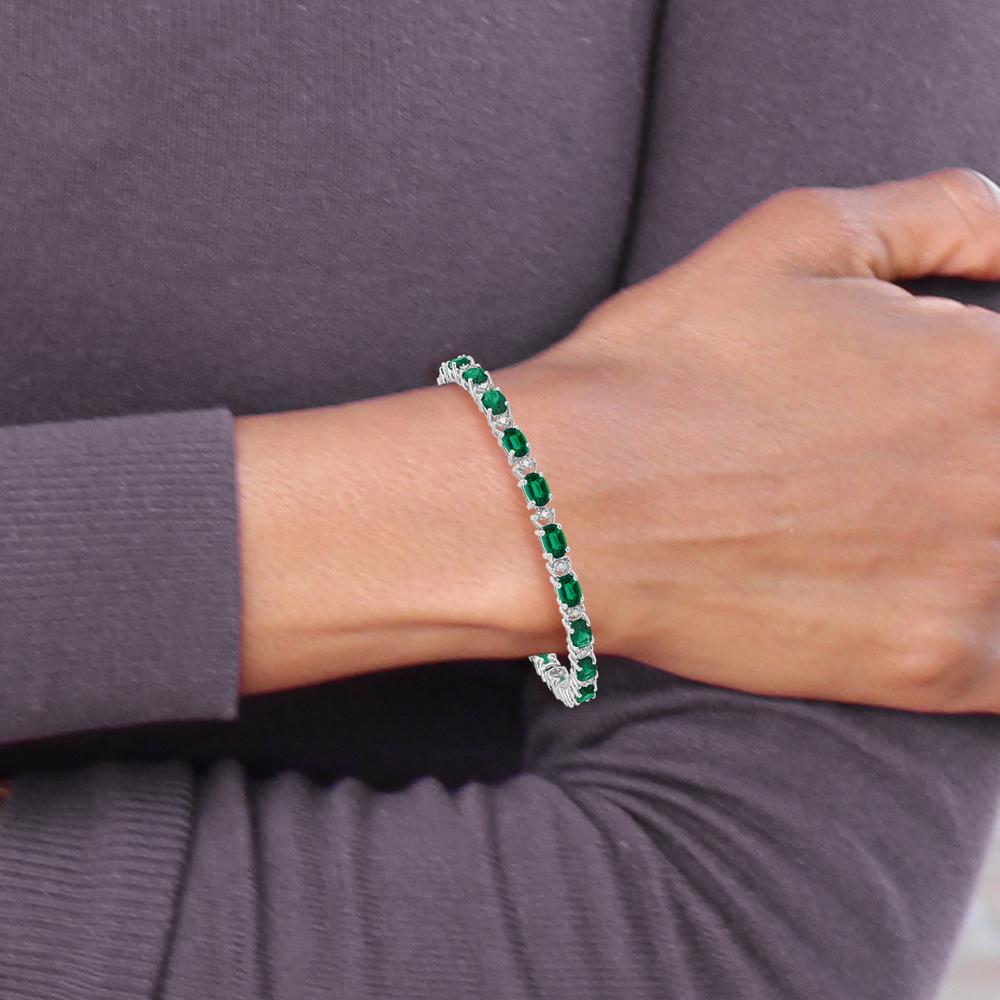 14K White Gold 7" Oval Lab Created Emerald and Diamond Tennis Bracelet - 0.54 Carats Total Emerald Weight, 0.10 Carats Total Diamond Weight by Monteluci Fine Jewelry