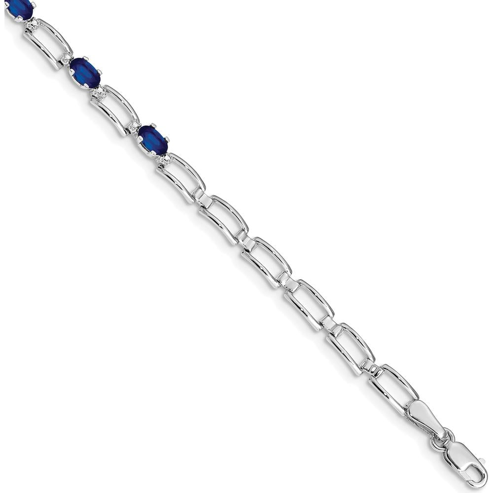 14K White Gold 7" Paperclip Link Bracelet with Oval Sapphires and Round Diamond - 0.35 Carats Sapphire Weight, 0.006 Carats Diamond Weight by Monteluci Fine Jewelry