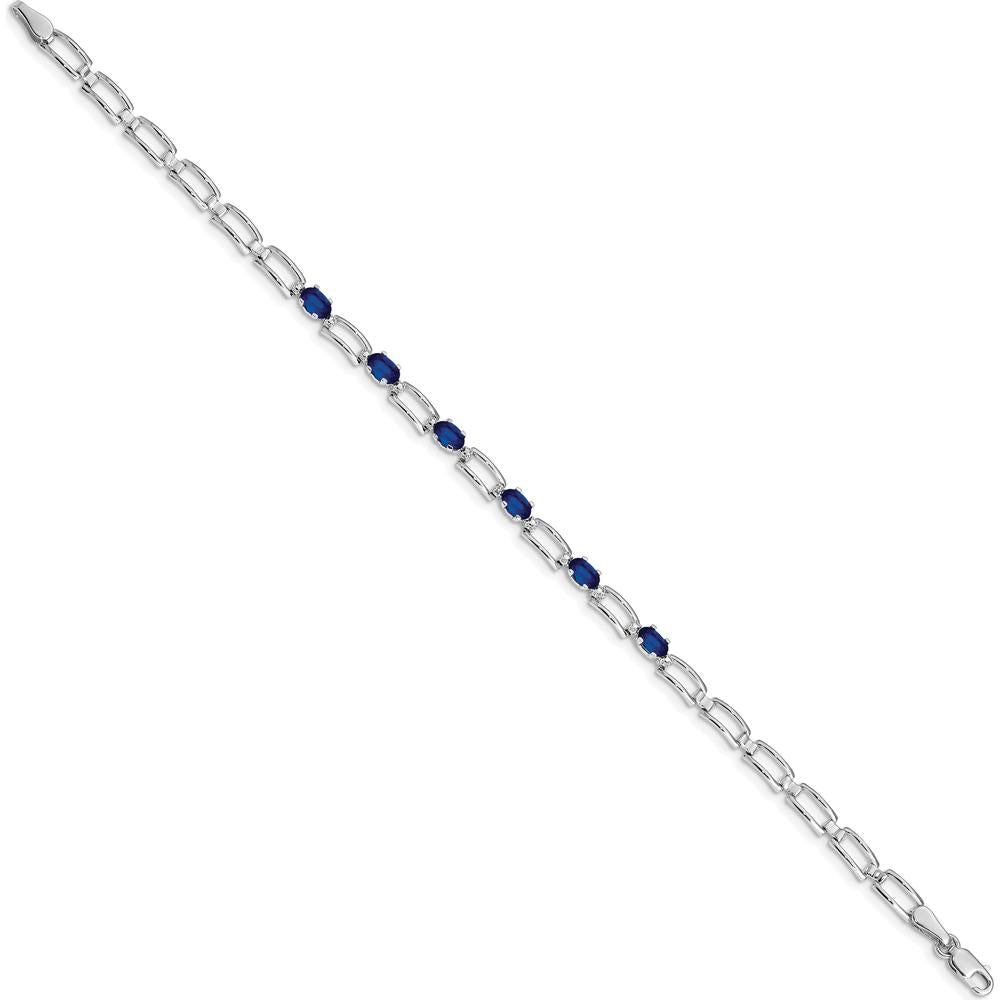 14K White Gold 7" Paperclip Link Bracelet with Oval Sapphires and Round Diamond - 0.35 Carats Sapphire Weight, 0.006 Carats Diamond Weight by Monteluci Fine Jewelry