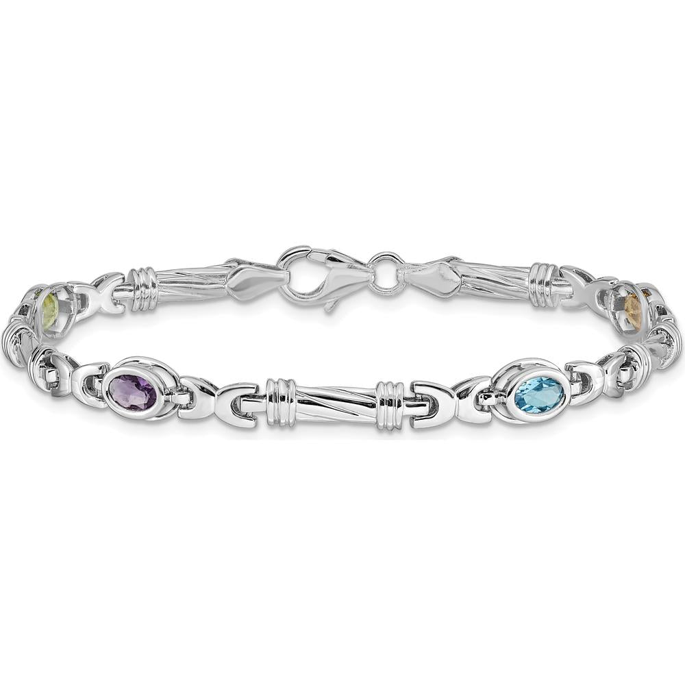 14K White Gold 7" Rainbow Bracelet with Oval Peridot, Amethyst, Aquamarine, and Citrine - 1.88 Carats Total Gemstone Weight by Monteluci Fine Jewelry