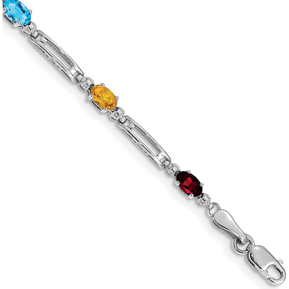 14K White Gold 7" Rainbow Tennis Bracelet with Garnet, Topaz, Peridot, Amethyst, Citrine, and Diamond Stones by Oro Pregiato