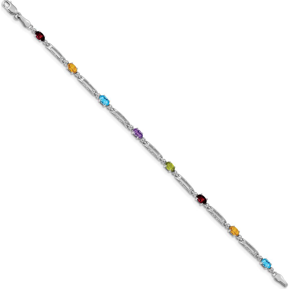 14K White Gold 7" Rainbow Tennis Bracelet with Garnet, Topaz, Peridot, Amethyst, Citrine, and Diamond Stones by Oro Pregiato