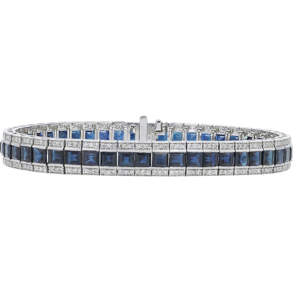 14K White Gold 7" Sapphire and Diamond Bracelet - 16.10 Carat Total Sapphire Weight, 1.58 Carat Total Diamond Weight