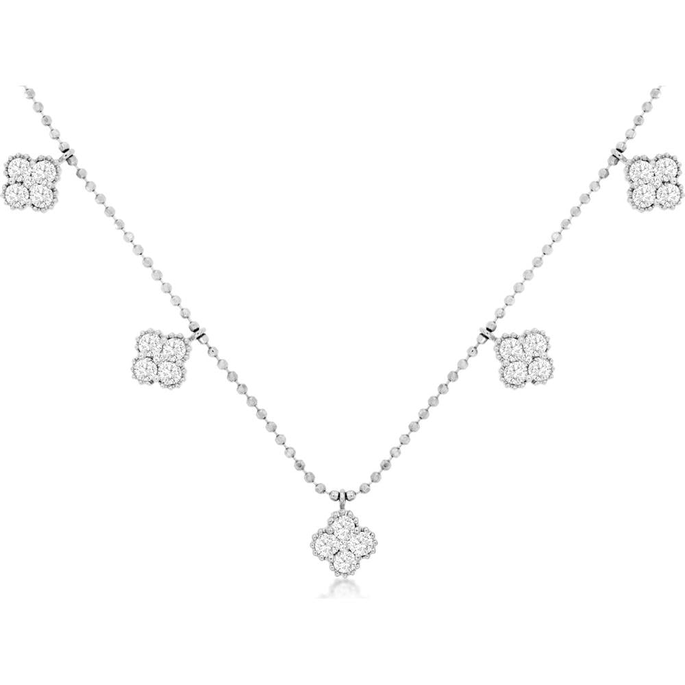 14K White Gold 7 Station Floral Diamond Necklace with Round Diamonds - 1.06 Carat Total Diamond Weight - Royal Jewelry