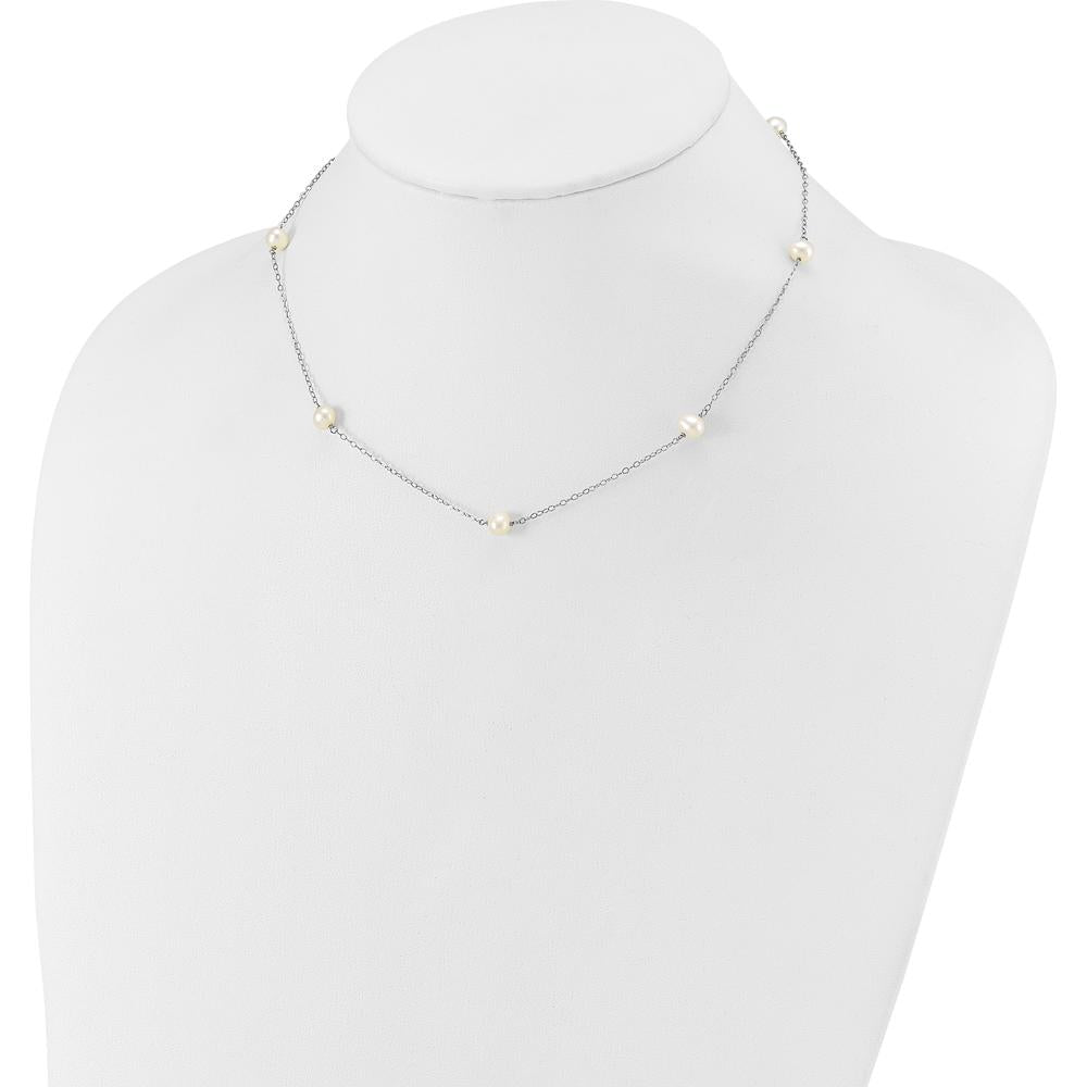 14K White Gold 7-Station Necklace with 5-6mm White Freshwater Cultured Pearls - 16" Length by Monteluci Fine Jewelry