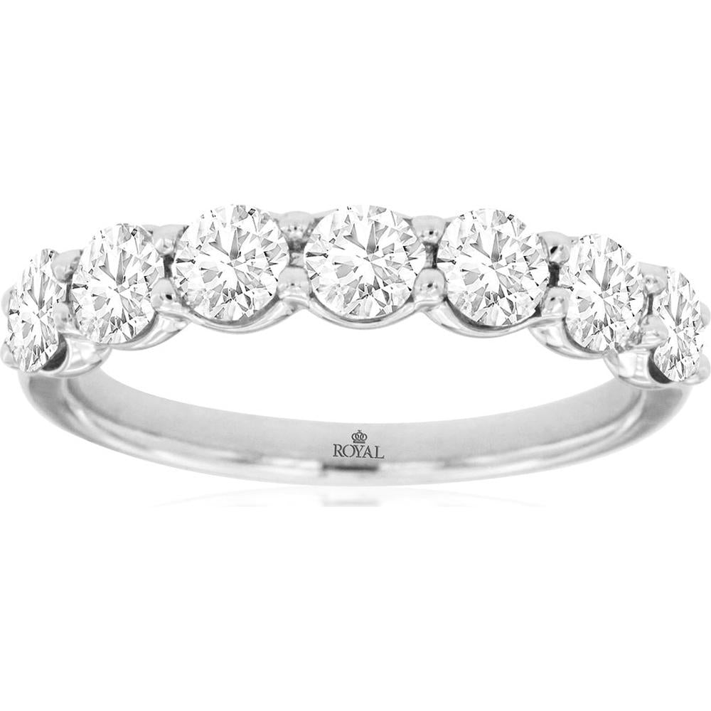 14K White Gold 7-Stone Diamond Wedding Band with Shared Prong Set Round Brilliant Diamonds - 1.40 Carat Total Weight - Royal Jewelry