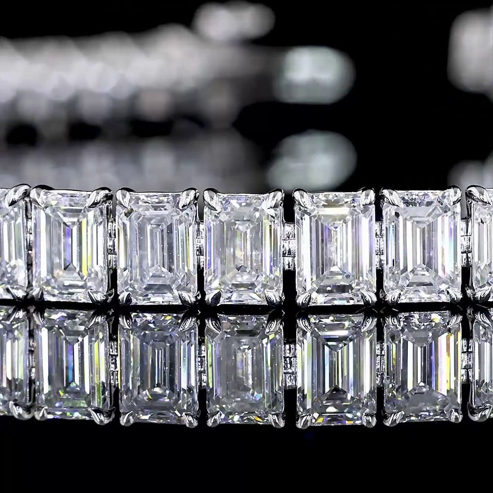 14K White Gold 7" Tennis Bracelet with 51 Prong Set Emerald Cut Lab Diamonds - 13.58 Carat Total Weight - Covaloro Fine Jewelry