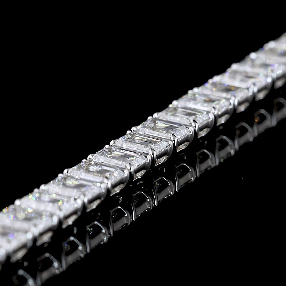 14K White Gold 7" Tennis Bracelet with 51 Prong Set Emerald Cut Lab Diamonds - 13.58 Carat Total Weight - Covaloro Fine Jewelry