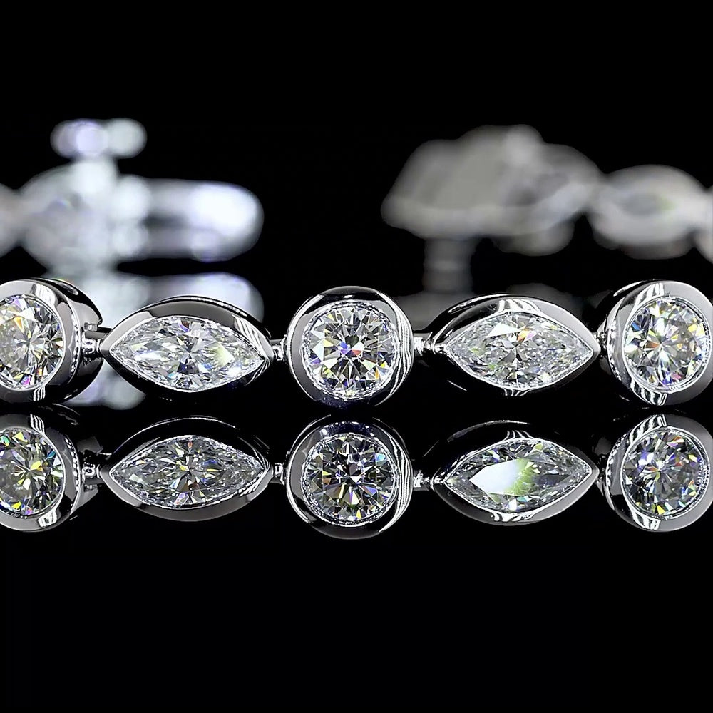14K White Gold 7" Tennis Bracelet with Alternating Round and Marquise Lab Diamonds in Bezel Settings - 3.93 Carat Total Weight E-F VS - Covaloro Fine Jewelry