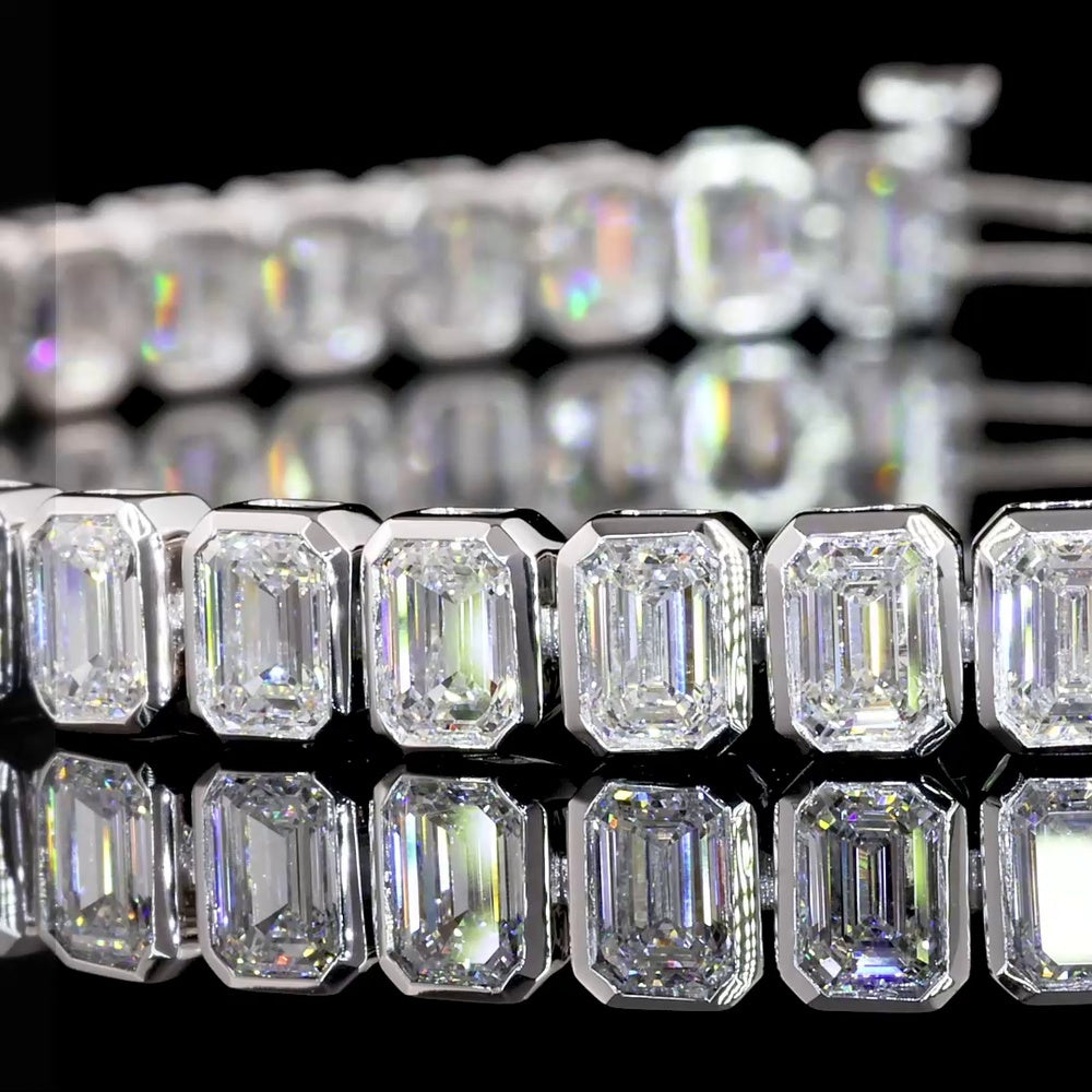 14K White Gold 7" Tennis Bracelet with Bezel Set Emerald Cut Lab Diamonds - 9.06 Carat Total Weight - Covaloro Fine Jewelry