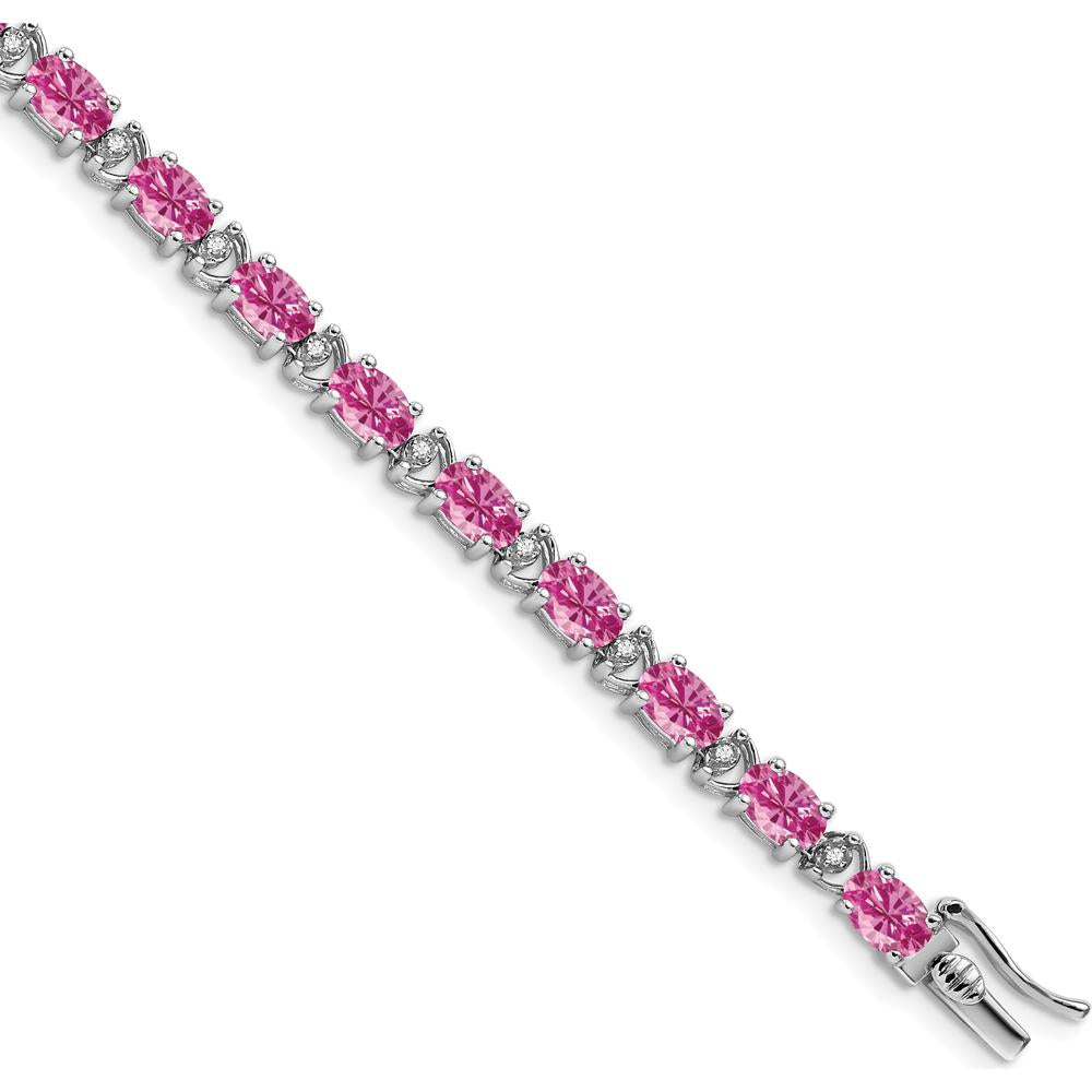 14K White Gold 7" Tennis Bracelet with Lab Created Oval Pink Sapphires and Round Diamonds - 0.54 Carats Total Sapphire Weight by Monteluci Fine Jewelry