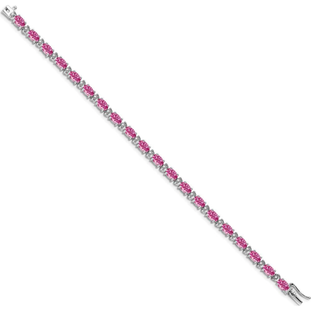 14K White Gold 7" Tennis Bracelet with Lab Created Oval Pink Sapphires and Round Diamonds - 0.54 Carats Total Sapphire Weight by Monteluci Fine Jewelry