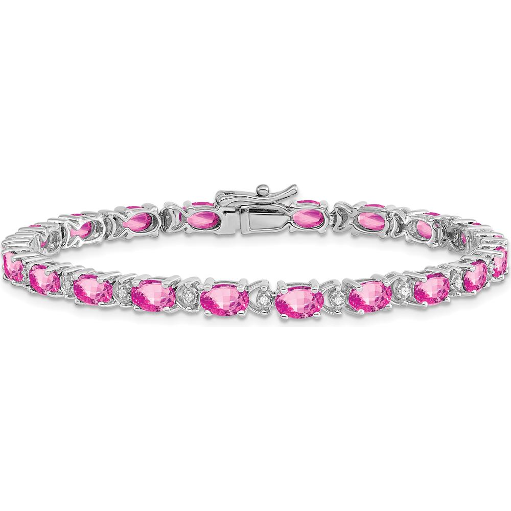 14K White Gold 7" Tennis Bracelet with Lab Created Oval Pink Sapphires and Round Diamonds - 0.54 Carats Total Sapphire Weight by Monteluci Fine Jewelry