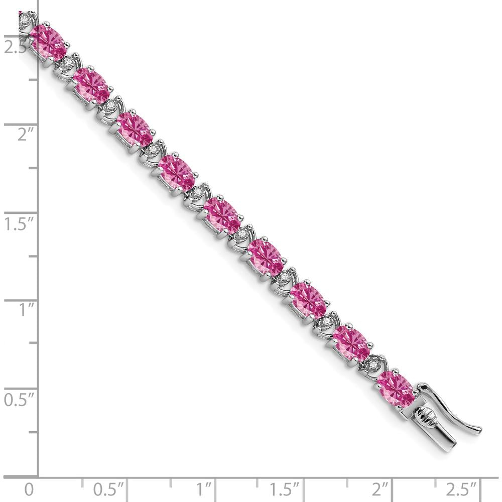 14K White Gold 7" Tennis Bracelet with Lab Created Oval Pink Sapphires and Round Diamonds - 0.54 Carats Total Sapphire Weight by Monteluci Fine Jewelry