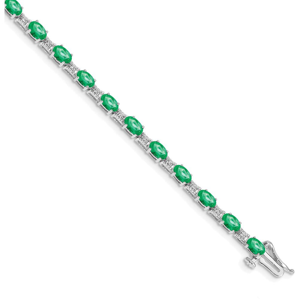 14K White Gold 7" Tennis Bracelet with Oval Emeralds and Round Diamonds - 0.21 Carats Total Emerald Weight by Monteluci Fine Jewelry