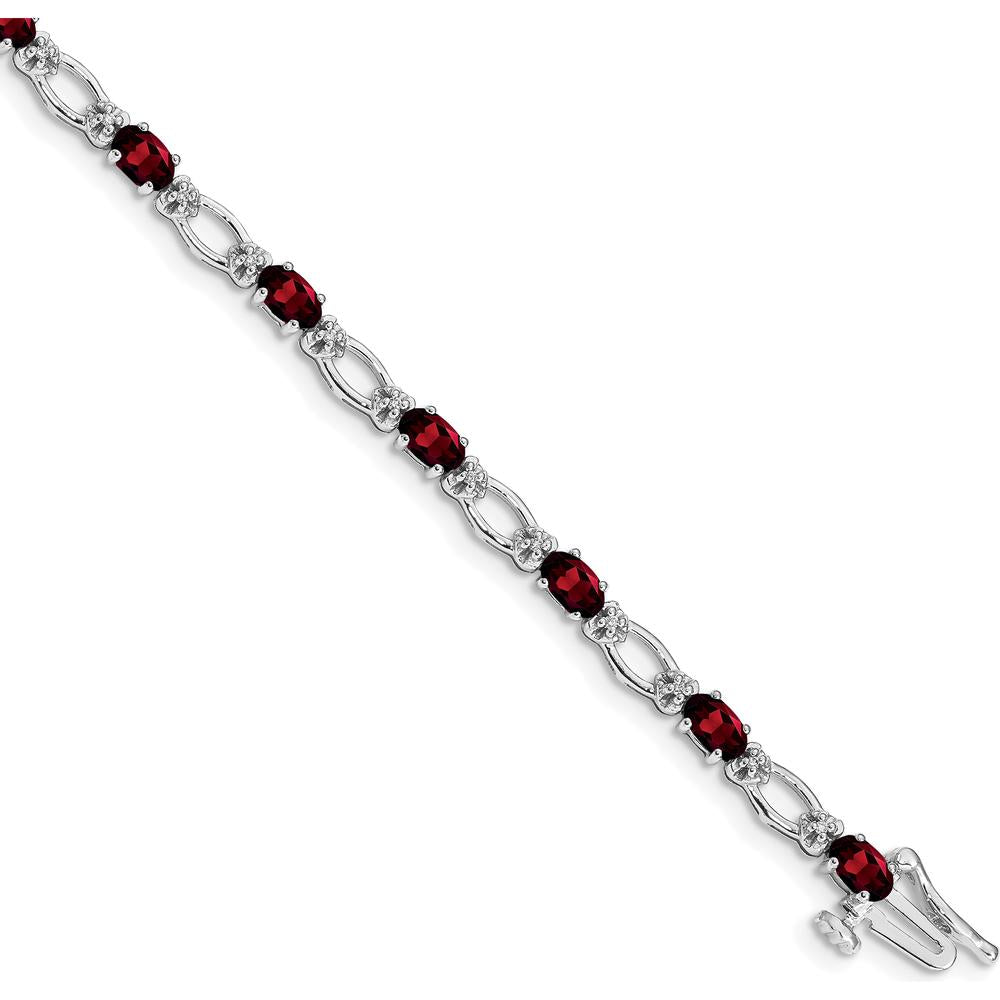 14K White Gold 7" Tennis Bracelet with Oval Garnet and Round Diamond Accents - 0.30 Carats Total Garnet Weight, 0.12 Carats Total Diamond Weight by Oro Pregiato
