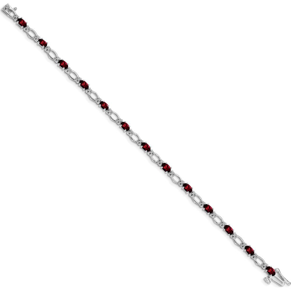 14K White Gold 7" Tennis Bracelet with Oval Garnet and Round Diamond Accents - 0.30 Carats Total Garnet Weight, 0.12 Carats Total Diamond Weight by Oro Pregiato