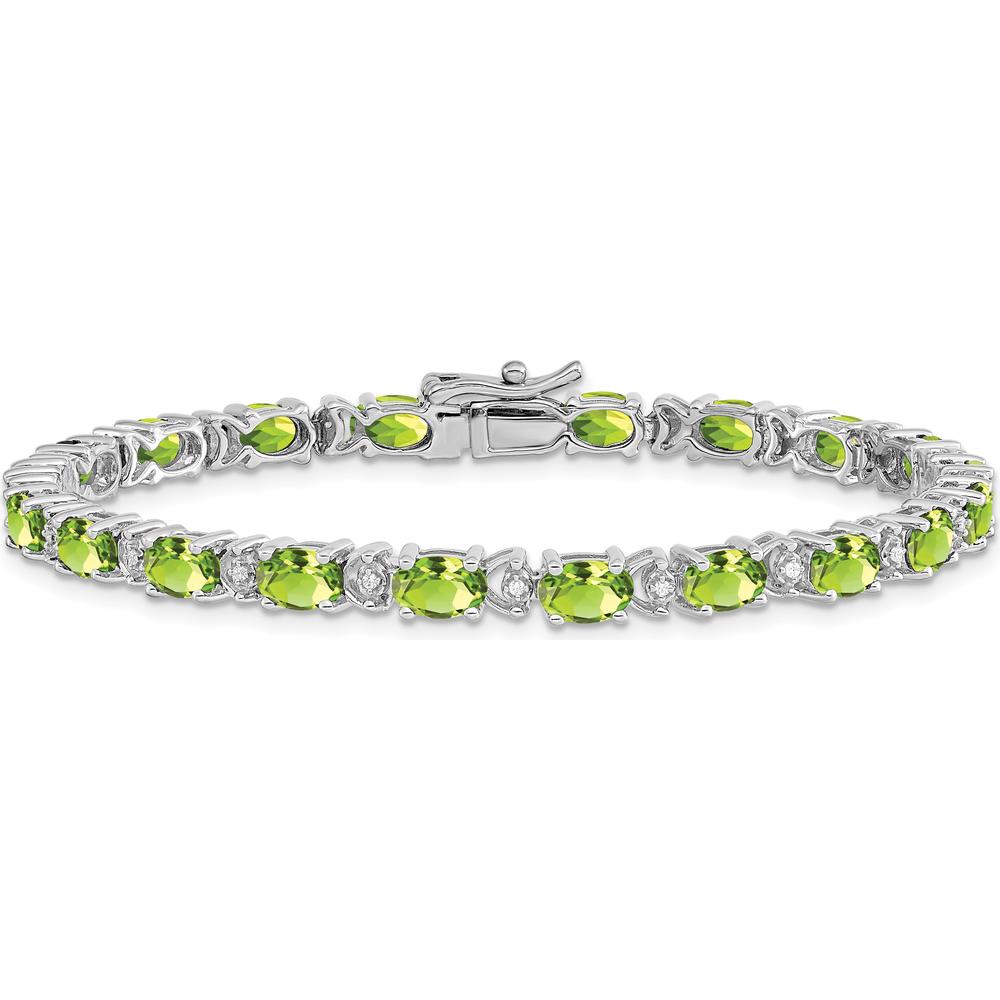 14K White Gold 7" Tennis Bracelet with Oval Peridot and Round Diamonds - 0.45 Carats Peridot, 0.10 Carats Total Diamond Weight by Monteluci Fine Jewelry