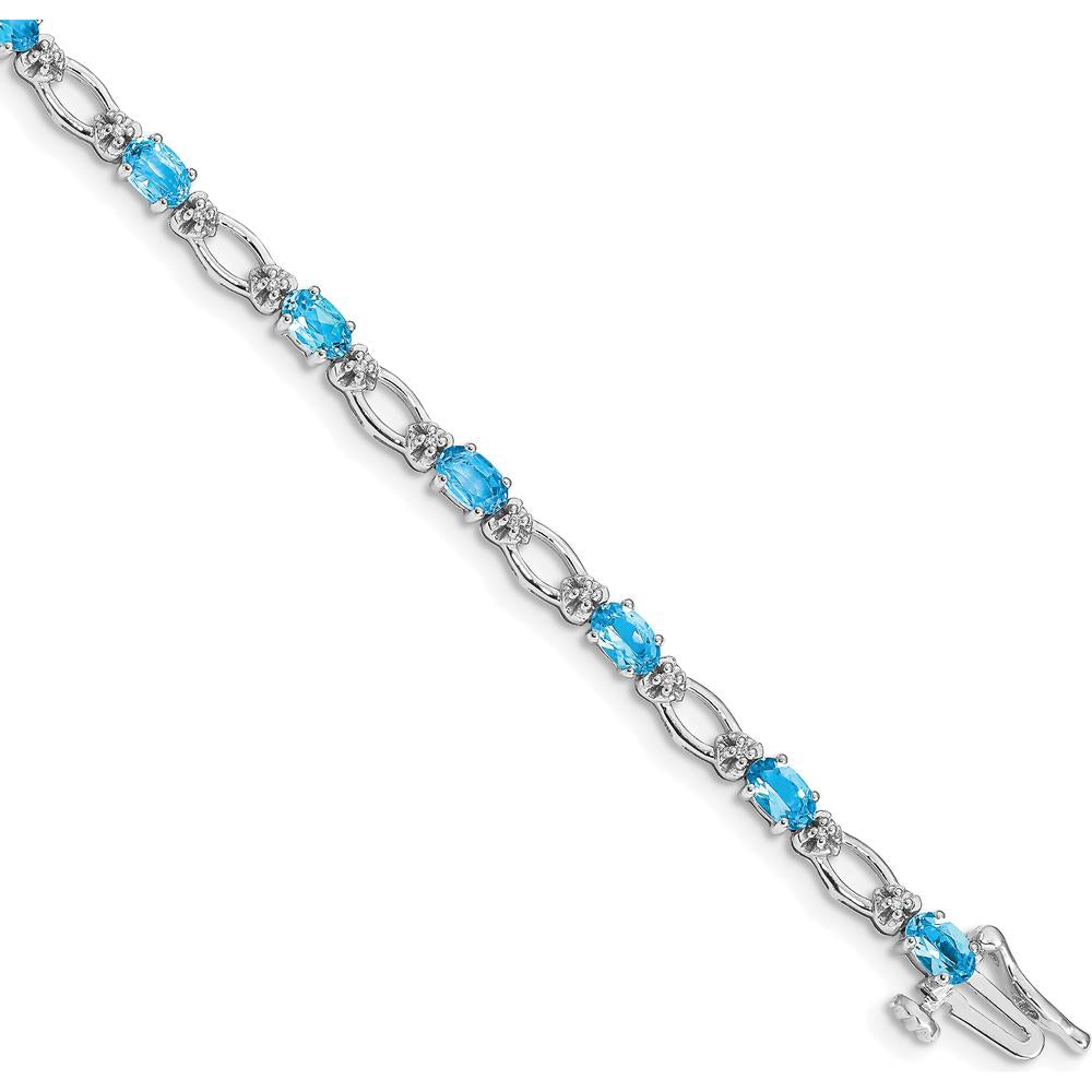 14K White Gold 7" Tennis Bracelet with Oval Swiss Blue Topaz and Round Diamonds - 0.30 Carats Total Topaz Weight by Monteluci Fine Jewelry
