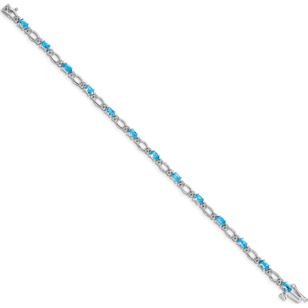 14K White Gold 7" Tennis Bracelet with Oval Swiss Blue Topaz and Round Diamonds - 0.30 Carats Total Topaz Weight by Monteluci Fine Jewelry