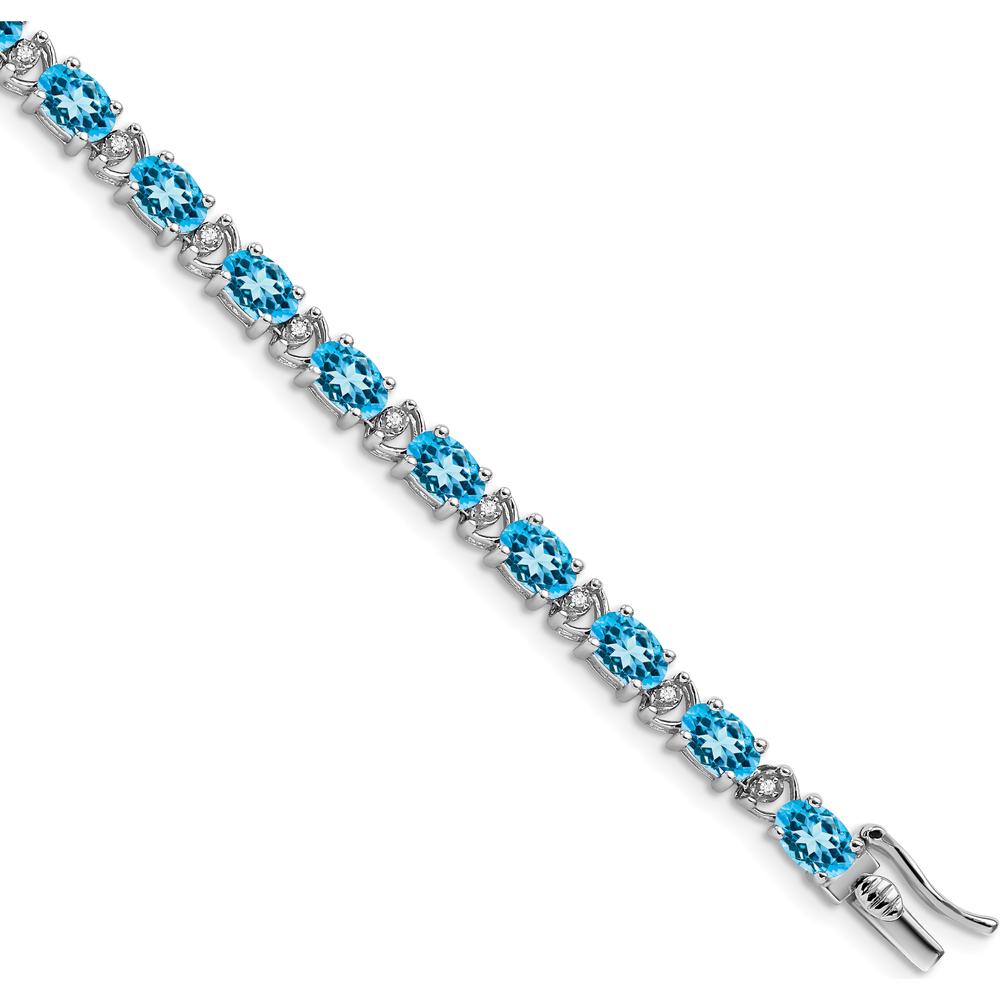 14K White Gold 7" Tennis Bracelet with Oval Swiss Blue Topaz and Round Diamonds - 0.56 Carats Total Topaz Weight by Monteluci Fine Jewelry