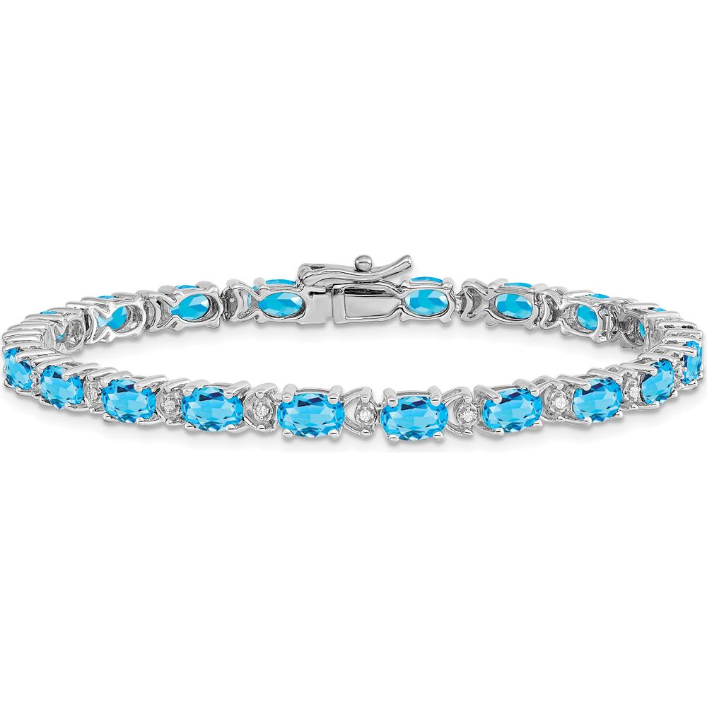 14K White Gold 7" Tennis Bracelet with Oval Swiss Blue Topaz and Round Diamonds - 0.56 Carats Total Topaz Weight by Monteluci Fine Jewelry