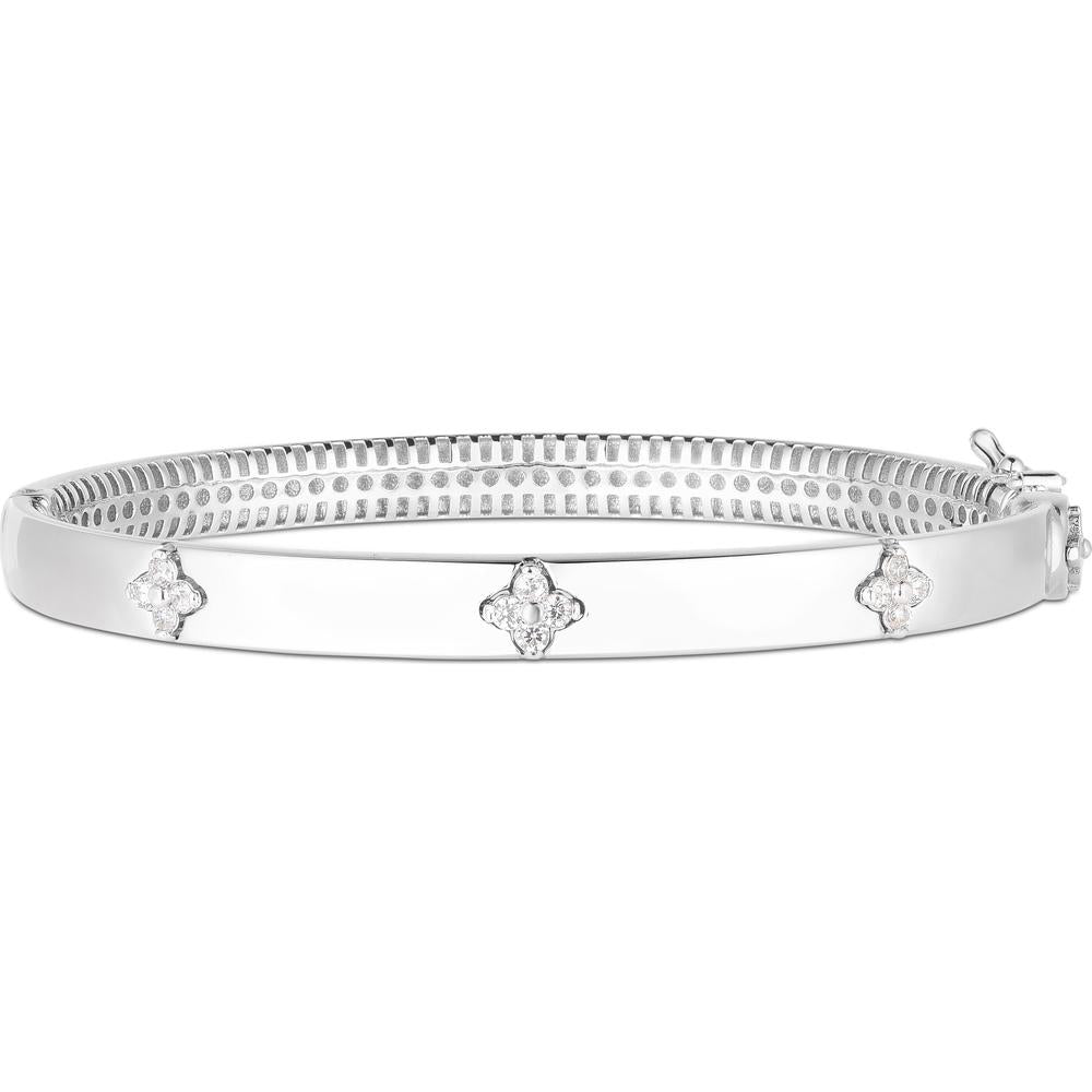 14K White Gold 7" Trilogy Diamond Clover Bangle with Push Clasp - 0.30 Carat Total Diamond Weight by Orozza Fine Jewelry