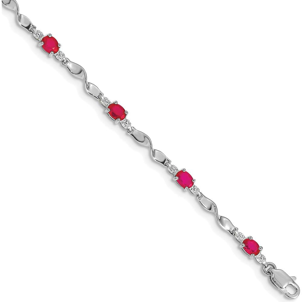 14K White Gold 7" Twisted Link Bracelet with Oval Ruby and Round Diamonds - 0.22 Carats Total Ruby Weight, 0.01 Carats Total Diamond Weight by Monteluci Fine Jewelry