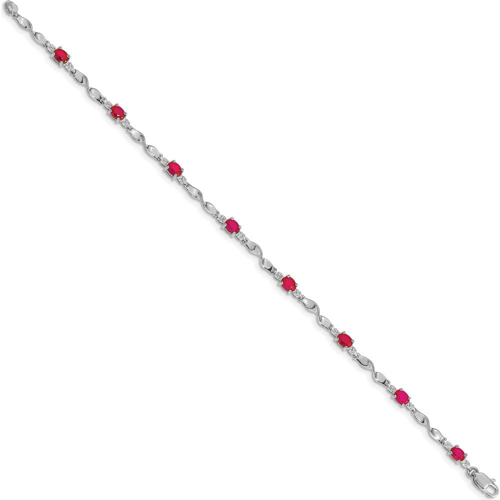 14K White Gold 7" Twisted Link Bracelet with Oval Ruby and Round Diamonds - 0.22 Carats Total Ruby Weight, 0.01 Carats Total Diamond Weight by Monteluci Fine Jewelry