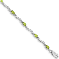 14K White Gold 7" Wavy Link Bracelet with Oval Peridot and Round Diamonds - 0.25 Carats Total Peridot Weight by Oro Pregiato