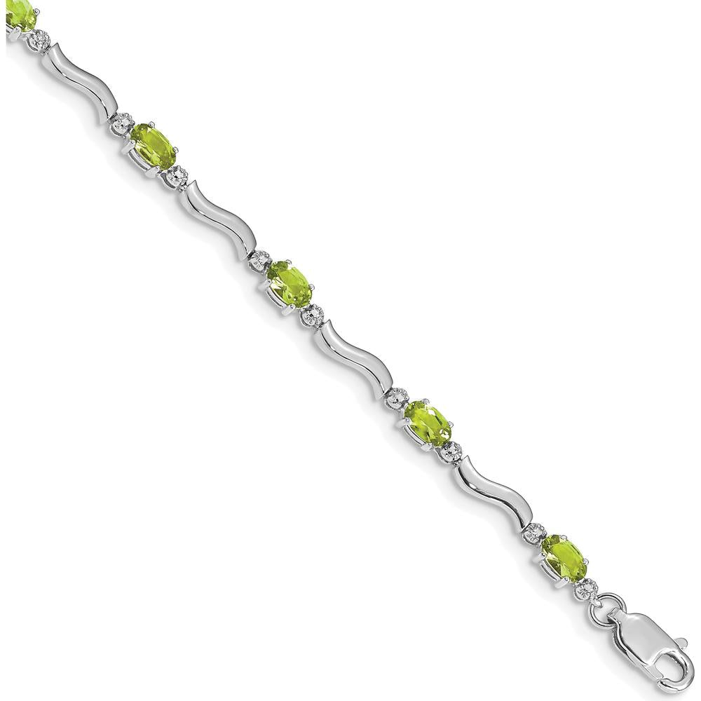 14K White Gold 7" Wavy Link Bracelet with Oval Peridot and Round Diamonds - 0.25 Carats Total Peridot Weight by Oro Pregiato