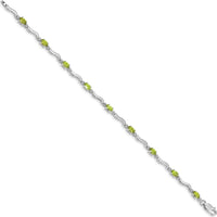14K White Gold 7" Wavy Link Bracelet with Oval Peridot and Round Diamonds - 0.25 Carats Total Peridot Weight by Oro Pregiato