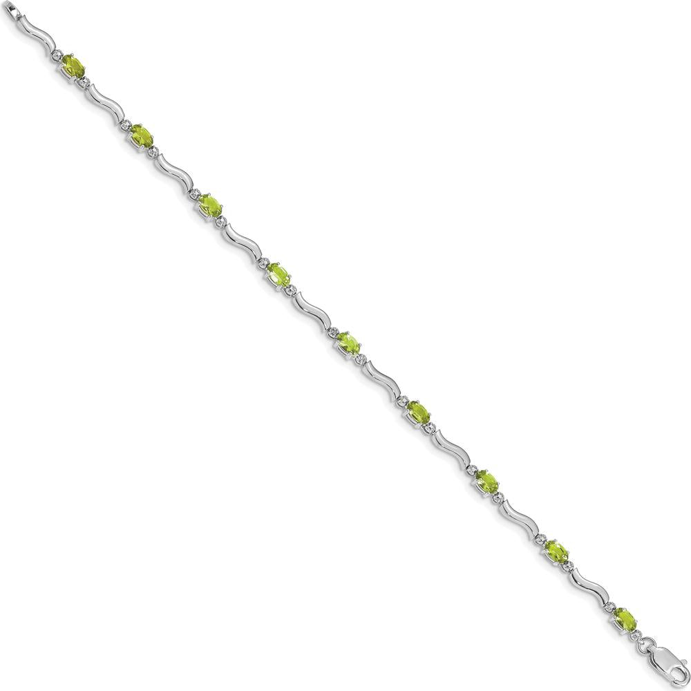 14K White Gold 7" Wavy Link Bracelet with Oval Peridot and Round Diamonds - 0.25 Carats Total Peridot Weight by Oro Pregiato