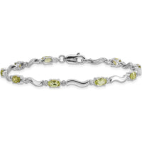 14K White Gold 7" Wavy Link Bracelet with Oval Peridot and Round Diamonds - 0.25 Carats Total Peridot Weight by Oro Pregiato
