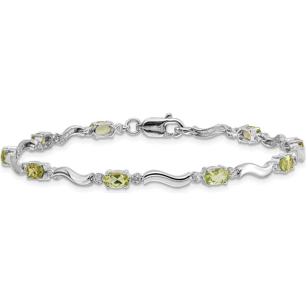 14K White Gold 7" Wavy Link Bracelet with Oval Peridot and Round Diamonds - 0.25 Carats Total Peridot Weight by Oro Pregiato