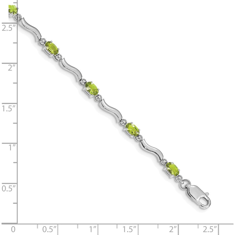 14K White Gold 7" Wavy Link Bracelet with Oval Peridot and Round Diamonds - 0.25 Carats Total Peridot Weight by Oro Pregiato