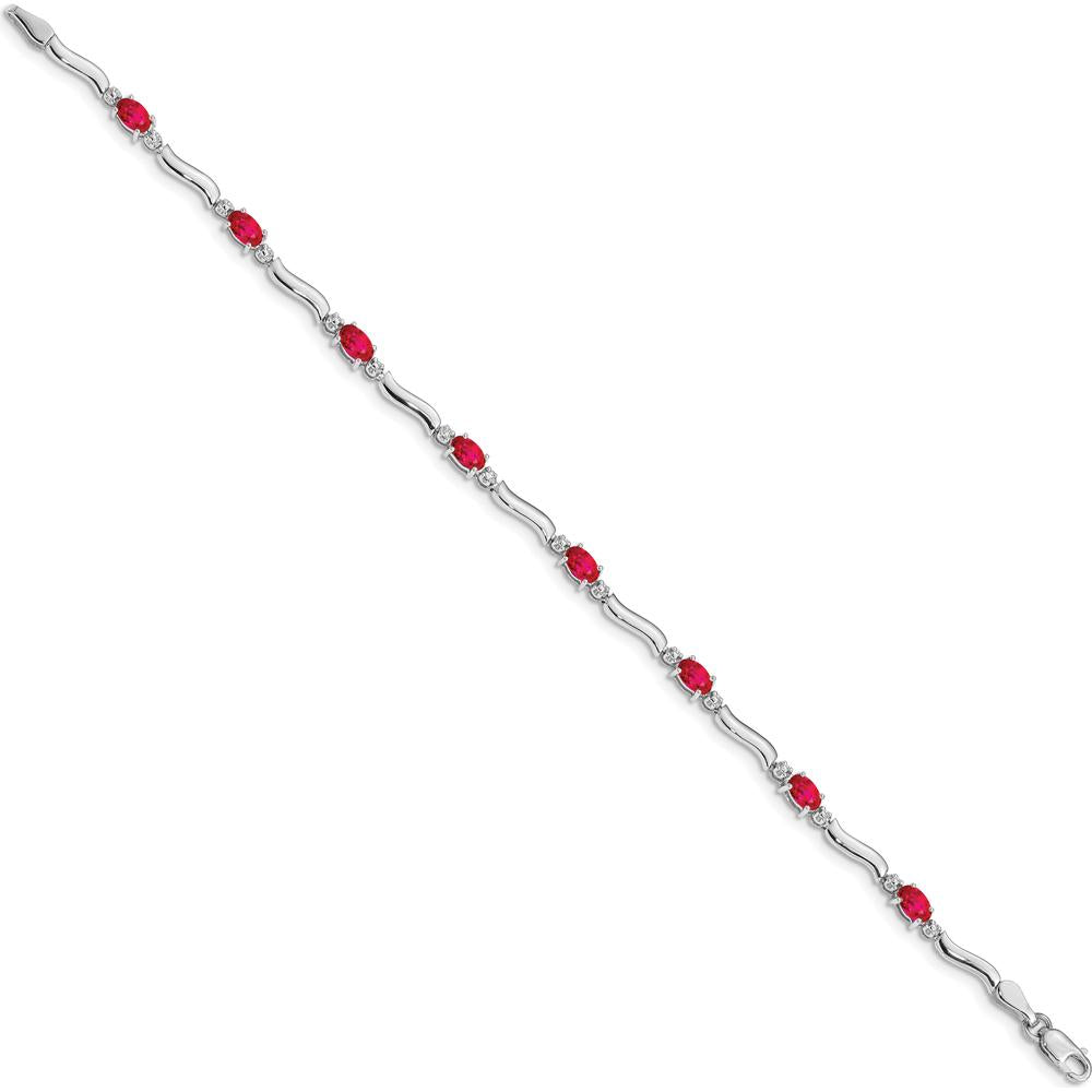 14K White Gold 7" Wavy Link Bracelet with Oval Rubies and Diamonds - 0.32 Carats Ruby, 0.005 Carats Diamond by Monteluci Fine Jewelry