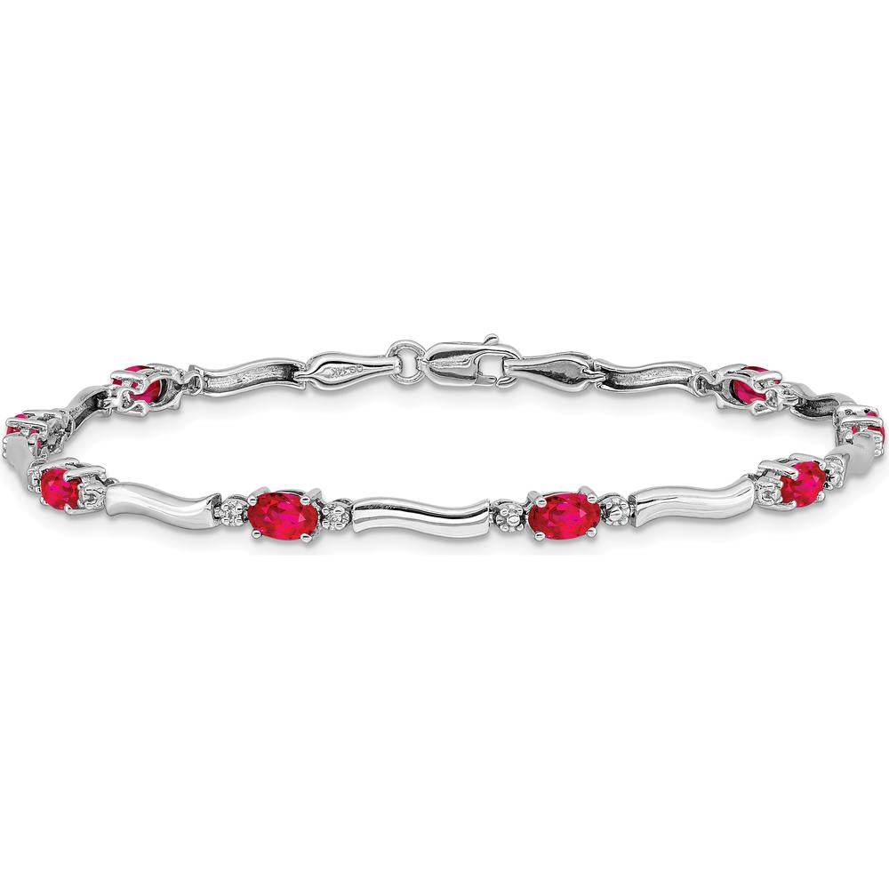 14K White Gold 7" Wavy Link Bracelet with Oval Rubies and Diamonds - 0.32 Carats Ruby, 0.005 Carats Diamond by Monteluci Fine Jewelry